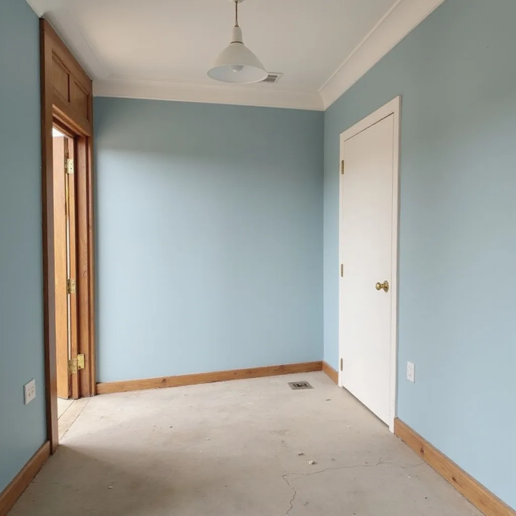 Blue interior room wall and trim used for painting preparation review
