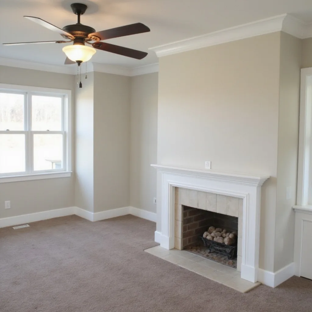 Interior room finish with painted walls window trim and ceiling details